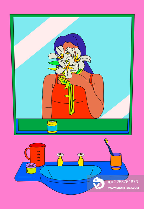 Girl with straight hair holding sampaguita flowers in front of a mirror