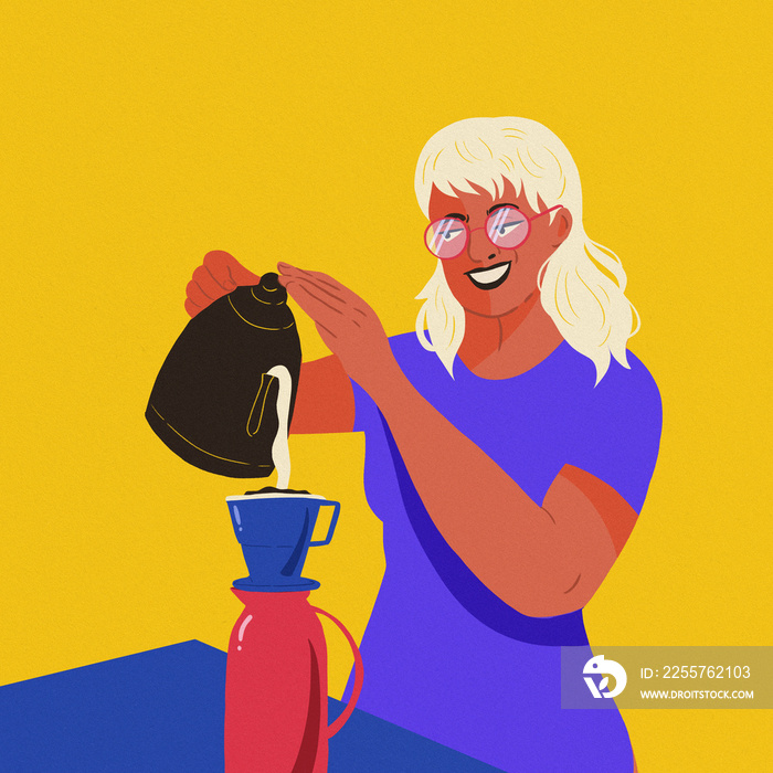 woman pouring coffee purple shirt yellow background