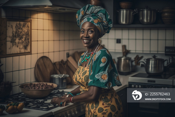 Generative AI. a woman in the kitchen cooking and smiling