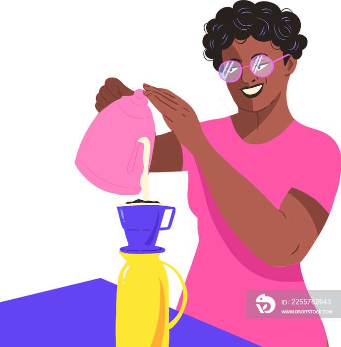 woman pouring coffee pink shirt transparent background