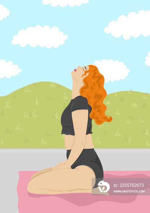 Woman looking up in relaxed, yoga pose on yoga mat