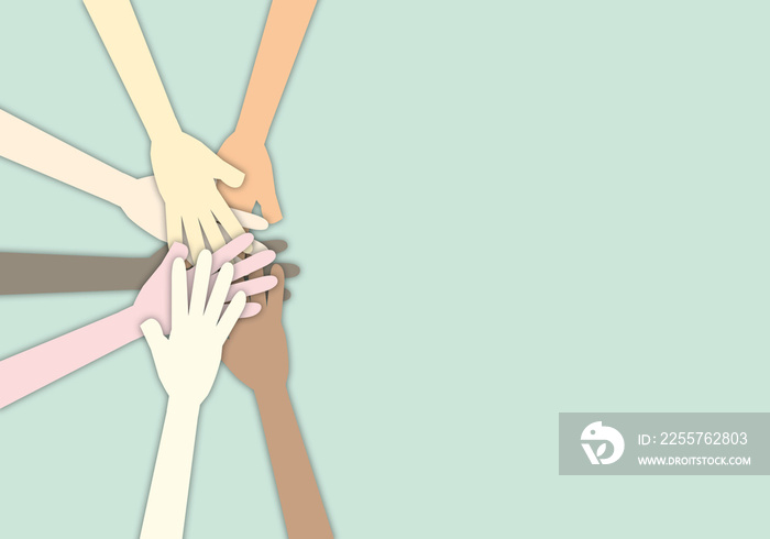 Group of people stacking hands shows unity and teamwork, Group of Diverse, Hands Together Joining Co