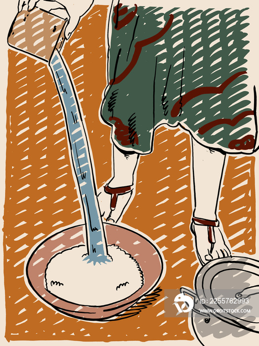 An Illustration of an African woman soaking rice