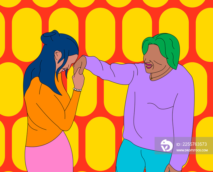 Lola/ grandma giving a Filipino blessing (mano po) to a girl on a red and yellow patterned backgroun