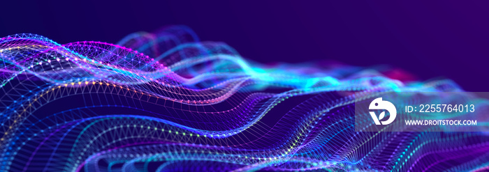 Beautiful curved wave on a dark background. Digital technology background. Concept of network. 3D