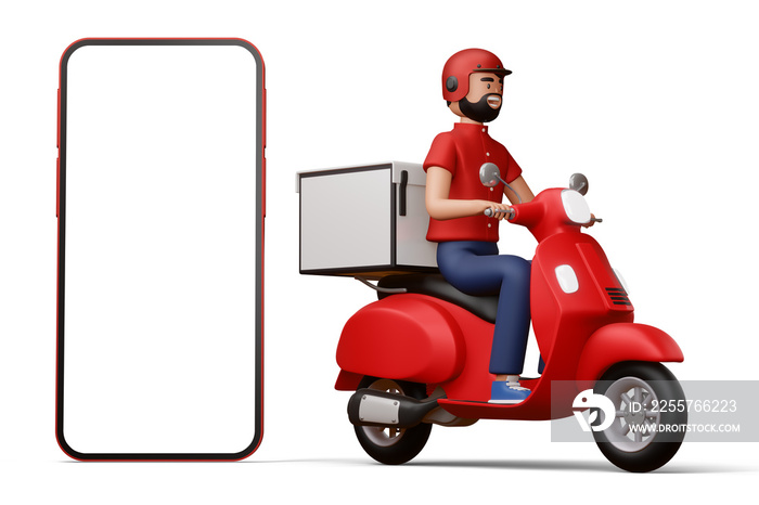 Delivery man riding a motorcycle with delivery box and big phone, 3d rendering.