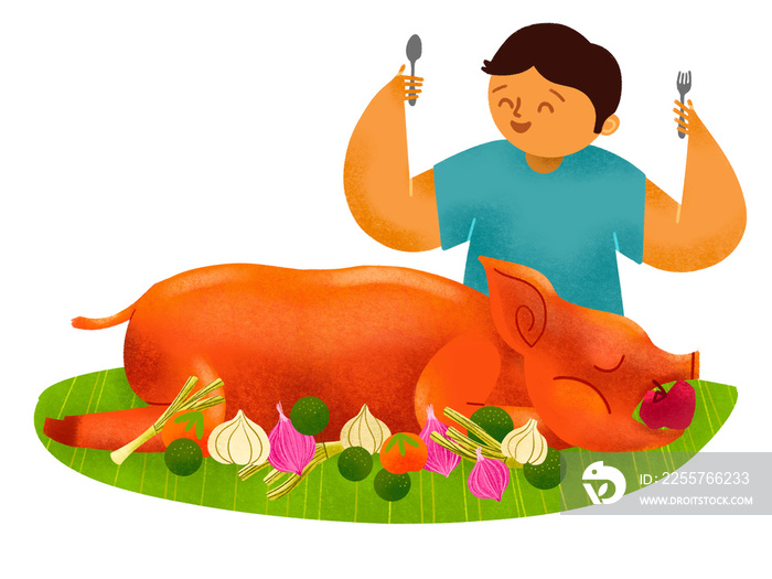 Filipino man eating lechon roasted pig
