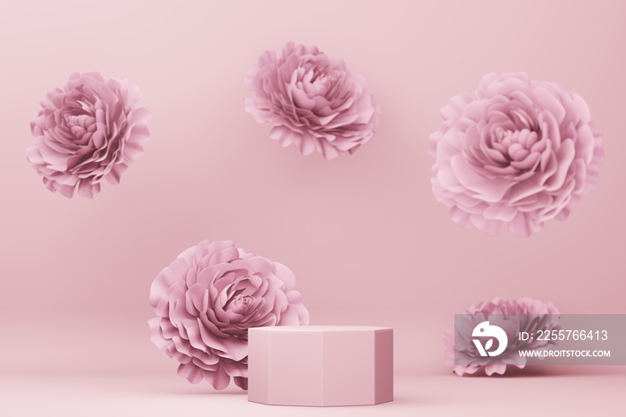 Empty display with rose flower for presentation 3d rendering