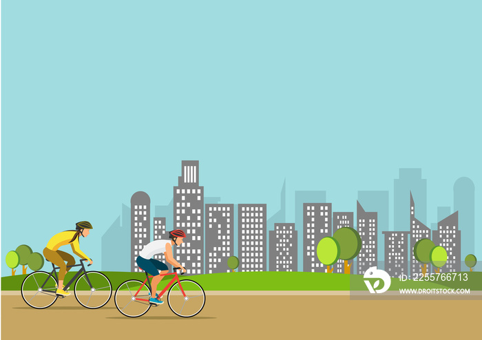 运动图解公园里的健康夏季骑行。活跃的人骑自行车。运动生活方式c