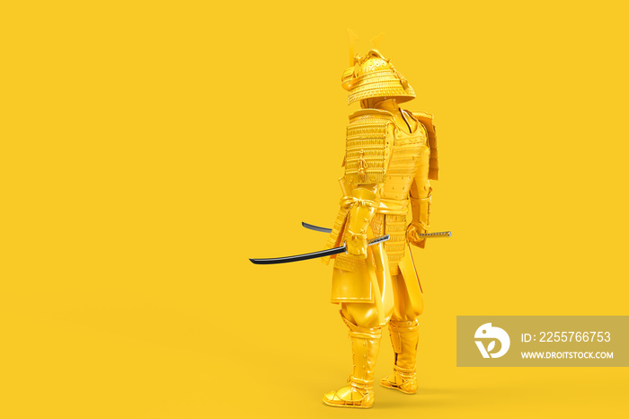 武士身穿全甲武士刀的后视图。3D插图