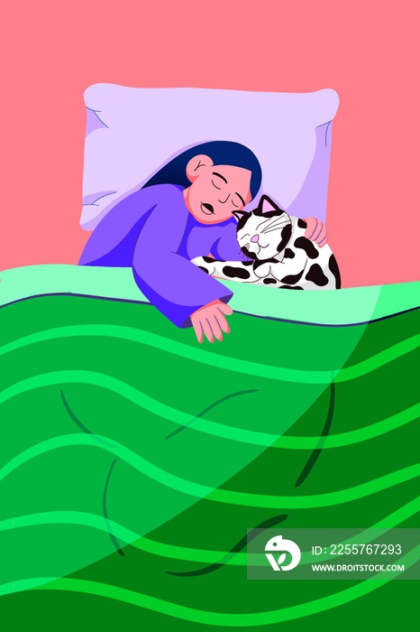 Long black haired woman hugs her white cat with black spots while they sleep on a bed