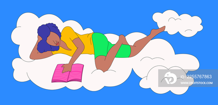 Girl with curly hair reading a book on a cloud