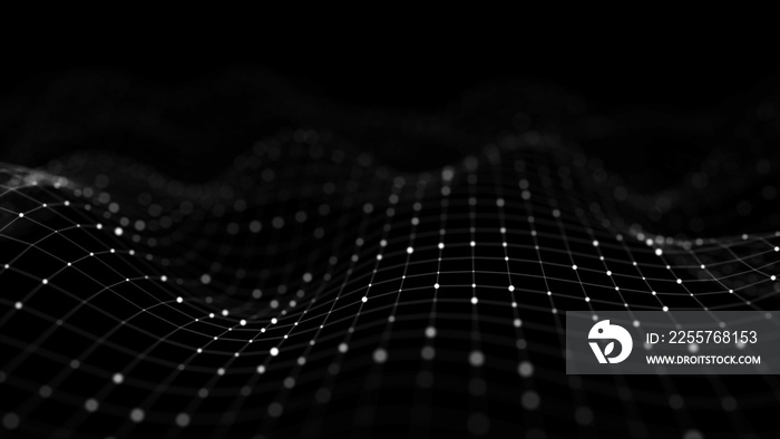 Wave of particles. Abstract background with a dynamic wave. Big data visualization. 3d rendering.