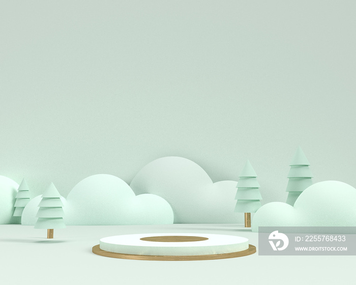 3D render of Winter season Christmas landscape with pedestal podium, Abstract minimal display empty 