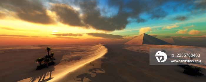 日落时的沙漠和金字塔，沙漠中金字塔上的太阳，