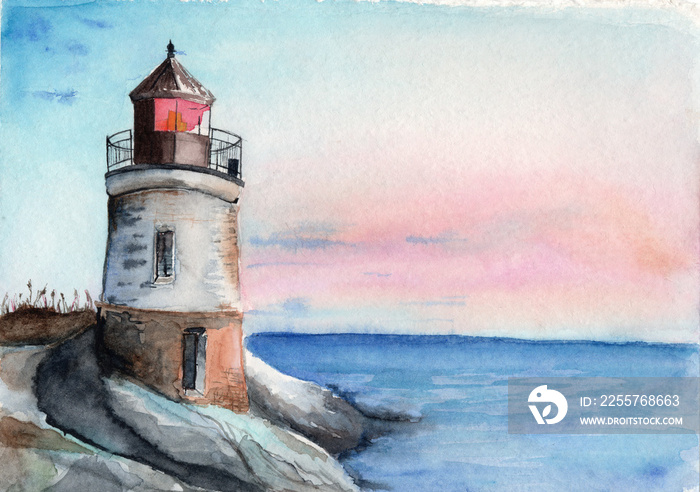 watercolor illustration of a lighthouse on a rock shore in early morning