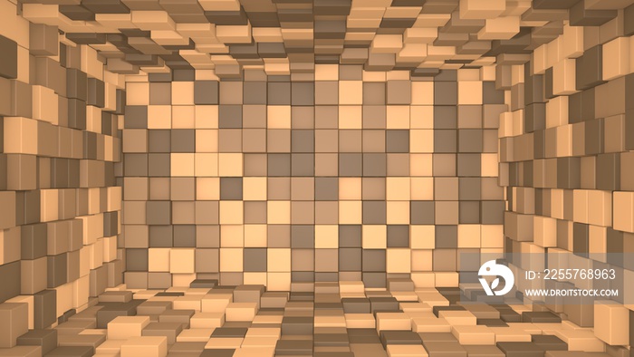 Abstract room interior with brown cubes. Box cube random geometric background. Square pixel mosaic b