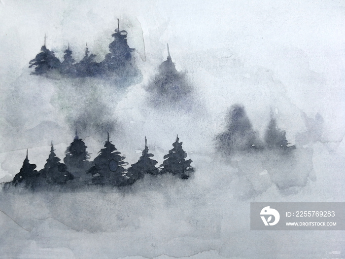 watercolor ink landscape  tree pine  mountain fog. traditional oriental ink asia art style.hand draw