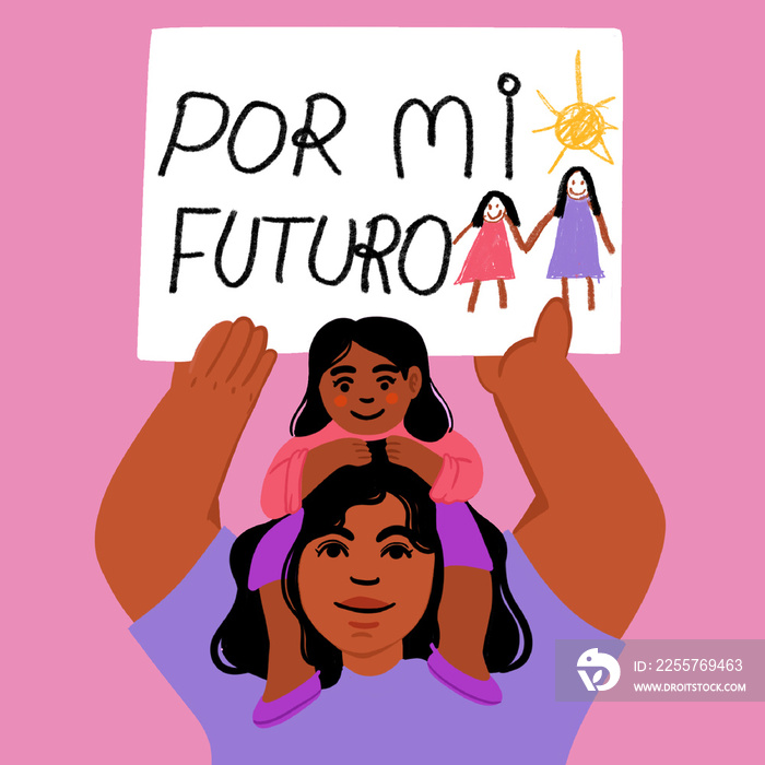 Madre junto a hija y卡特尔con texto:Por mi futuro