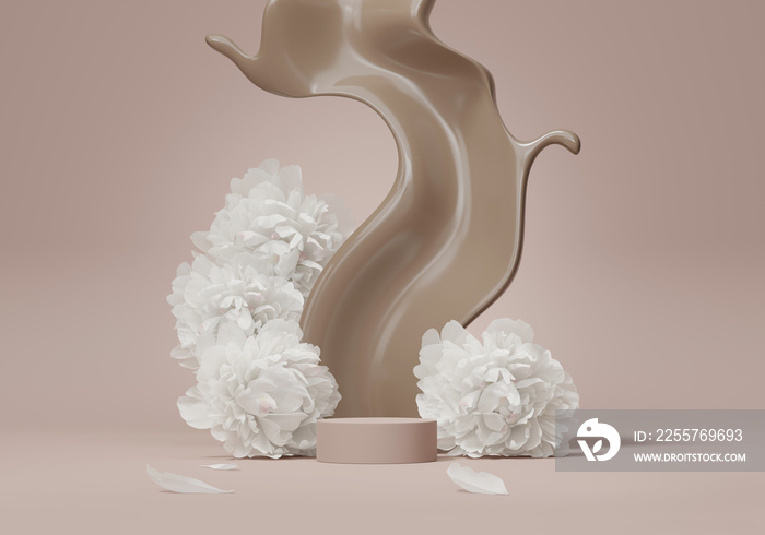 3D beige pedestal podium with liquid brown splash swirl on studio  background. Fluid flow with displ