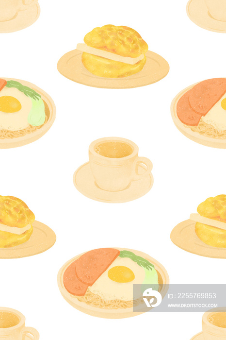 Hong Kong cafe teahouse food icons seamless pattern on transparent background
