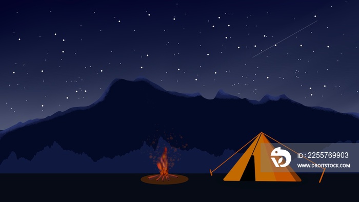登山背景下的夜间露营帐篷。