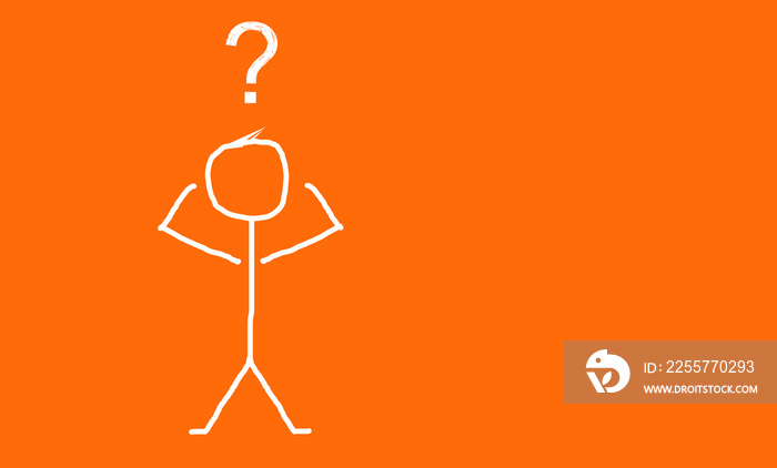 confused character with question mark on his head, orange background