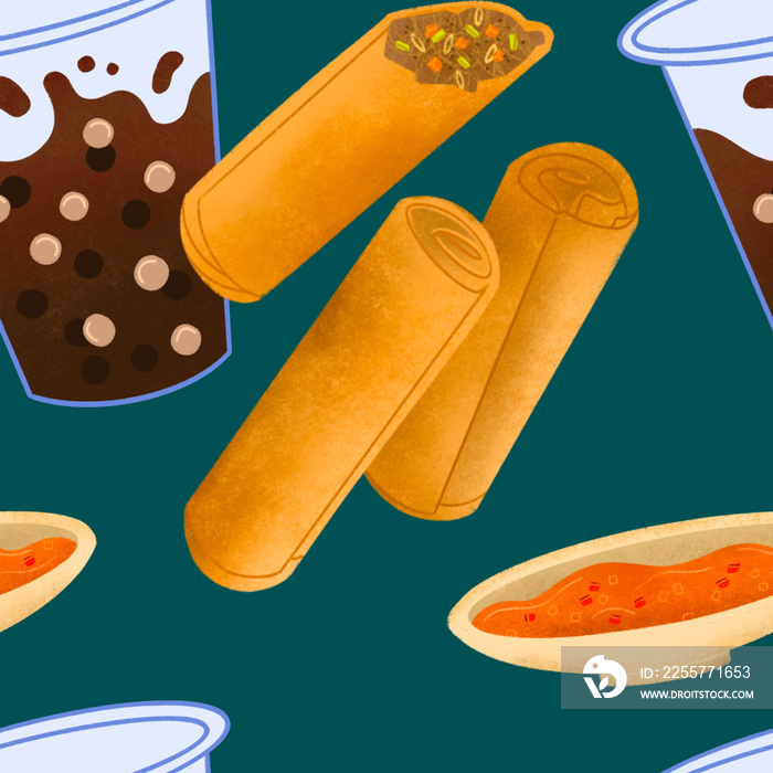 Filipino lumpia spring rolls with sweet and sour sauce and sago gulaman on dark green background ill