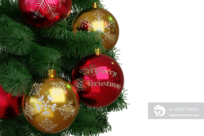 Red and golden christmas balls on christmas tree isolated on white background. 3d illustration.