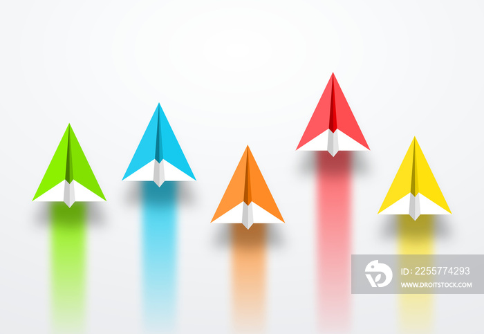 colorful paper planes or rockets , Business competition, start-up, boost or success concept.