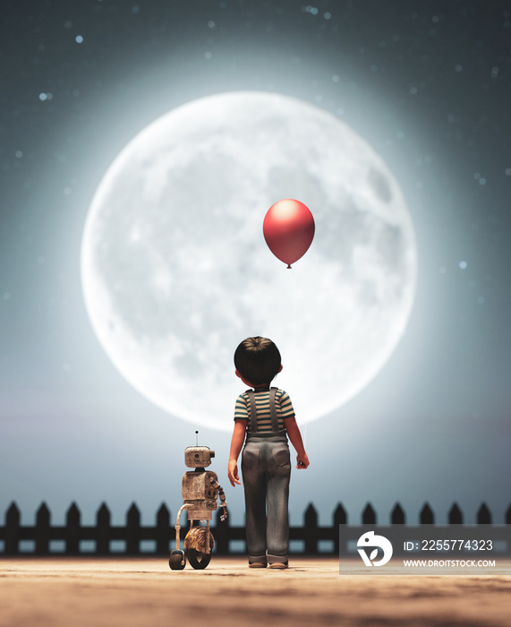 月光下与机器人同行的男孩概念背景，3d渲染