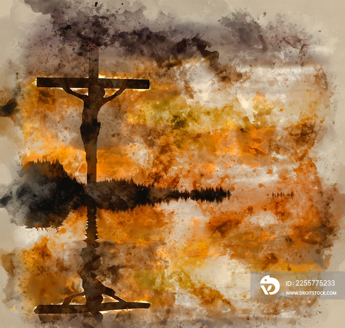 Watercolour painting of Jesus Christ Crucifixion on Good Friday Silhouette reflected in lake water