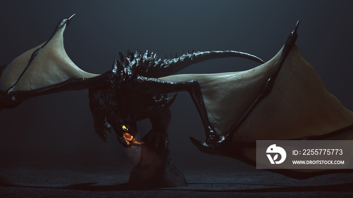 Large Winged Black Dragon with Glowing Eyes and Breathing Smoke and Embers 3d illustration 3d render