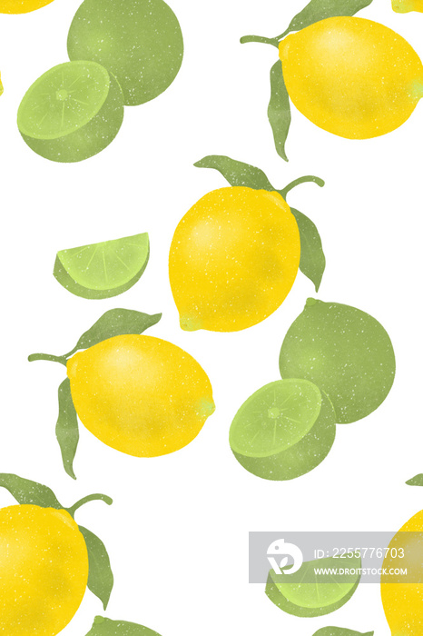 healthy fruits lemon and lime seamless pattern on transparent background