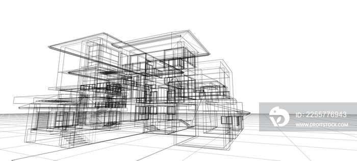 Architecture design concept 3d perspective wire frame rendering on white background