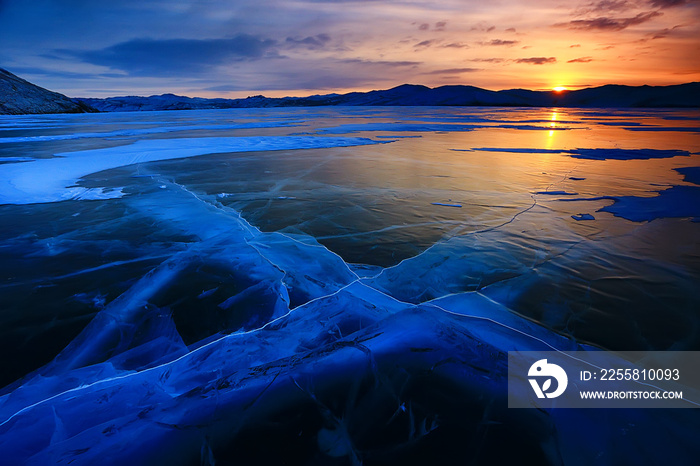 baikal ice landscape, winter season, transparent ice with cracks on the lake