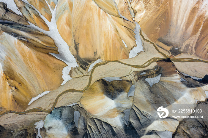 Landmannalaugar National Park - Iceland. Rainbow Mountains. Aerial view of beautiful colorful volcanic mountains. Top view. Picture made by drone from above.