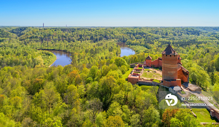 Beautiful aerial view of medieval Turaida castle at Gauja river valley, Sigulda, Latvia