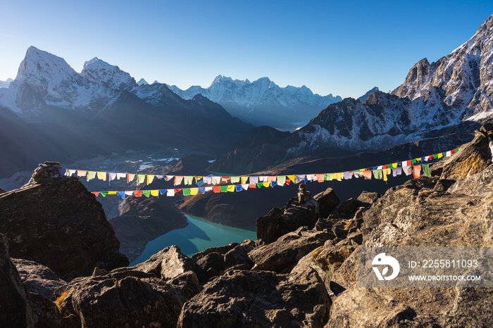 Beautiful morning sunrise over Himalaya mountains range. Top view from Gokyo Ri view point in Everest region, Nepal