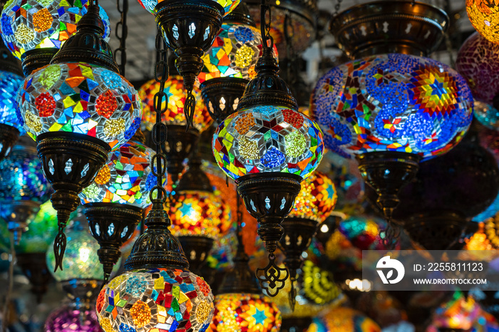 Colorful turkish glass lamps for sale at the street market in Bodrum, Turkey. Close up