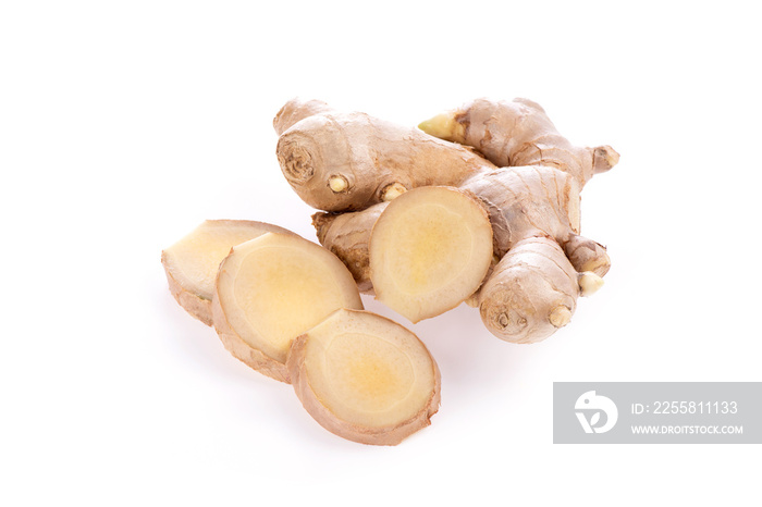 Flat lay, top view, ginger root isolated on white background.