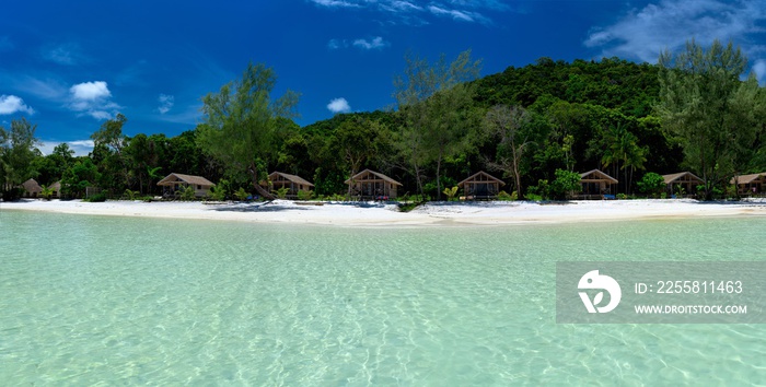 Tropical landscape with beautiful beach, turquoise clean water and blue sky. Saracen Bay, Koh Rong Samloem. Cambodia, Asia.