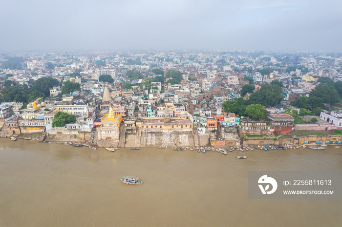 Aerial view of Varanasi city with  Ganges river, ghats, the houses in Varanasi, Banaras, Uttar Pradesh, India