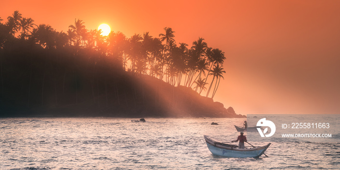 Tropical beach on sunset with palm and sea