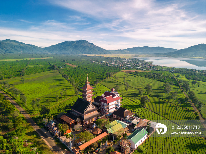 Aerial view of Buu Minh pagoda near Pleiku city, Gia Lai province, Vietnam. Morning views of pagoda and tea fields