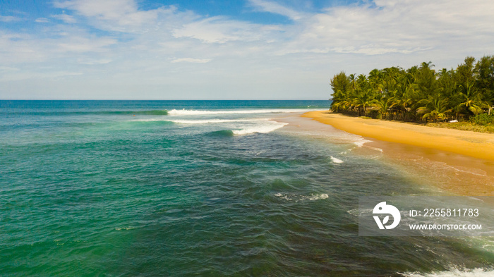 Aerial view of Tropical landscape with a beautiful beach in the blue water. Baby Surf Point, Arugam Bay, Sri Lanka.