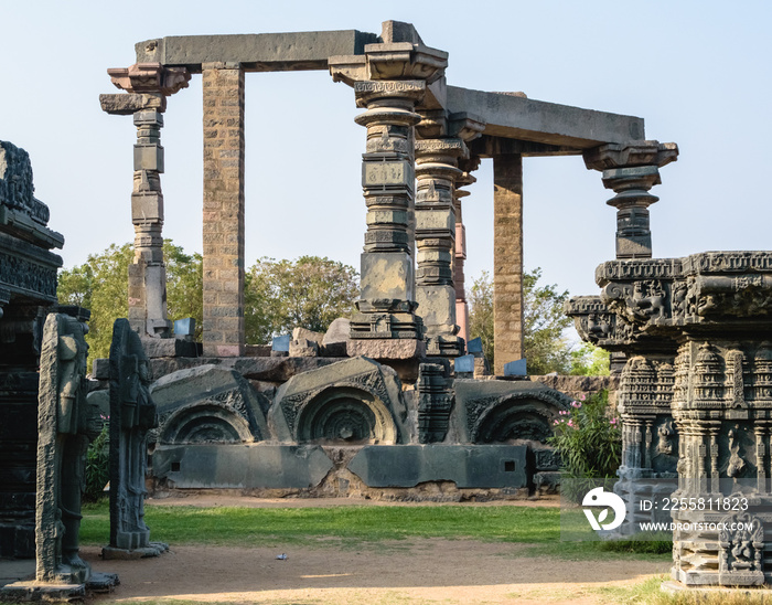 The remnants of an ancient temple in the ruins of the archaeological site of the Warangal Fort.