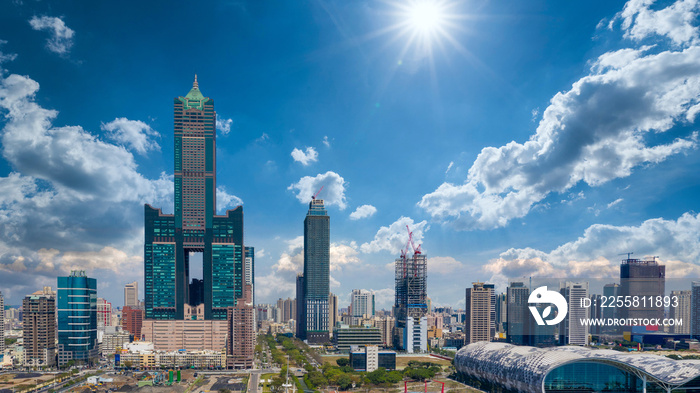 Kaohsiung city with blue sky background and Kaohsiung harbor, Taiwan, Aerial view.