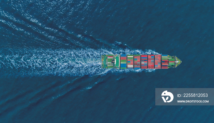 Aerial top view container ship full speed with beautiful wave on the sea for logistics, import export, shipping or transportation.