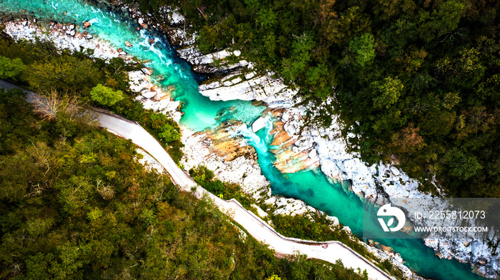 Emerald Soca River in Soca Valley, Slovenia. Aerial Drone Top Down view